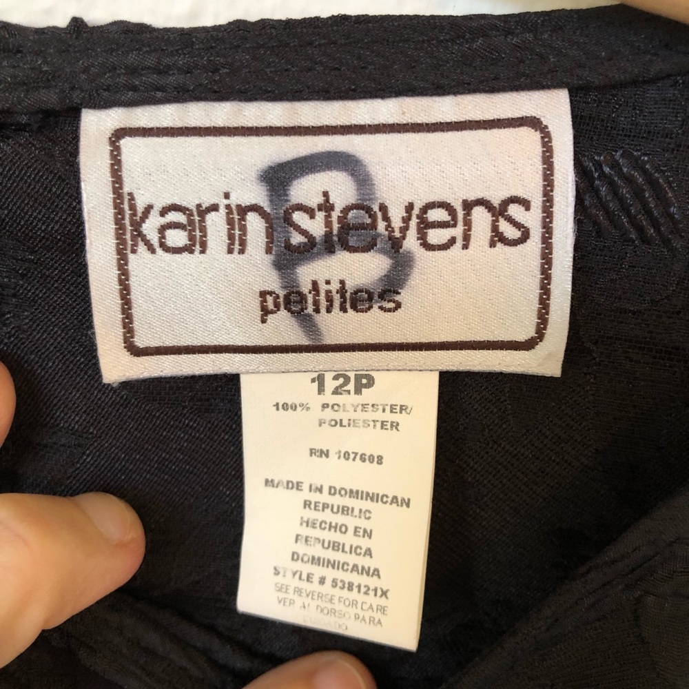Vintage Karin Stevens Petites 2 Piece Jacquard Dress Suit Black 12P Bow Cuff - Picture 10 of 17